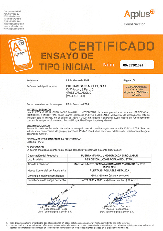 Certificado Ensayo_ puerta o reja enrrollable